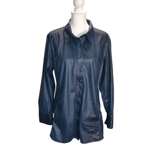 Chico's Textured Faux Leather Casual Work Fall Button-Down Tunic Shirt Blue 3 XL